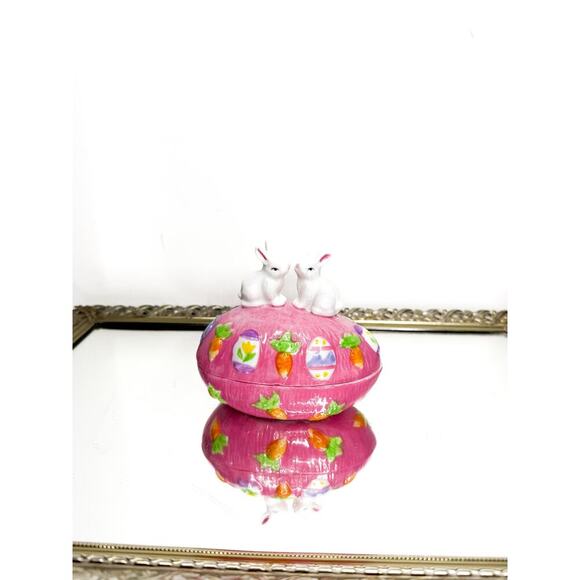 Vintage Trinket Box Pink Easter Egg Shaped Bunny Rabbits Top 4" Tall Ceramic - Picture 1 of 10